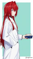  1girl absurdres ange_katrina blue_eyes book closed_mouth commentary_request hair_between_eyes hair_intakes hand_in_pocket highres holding holding_book labcoat long_hair nijisanji open_book redhead rinfamm simple_background solo twitter_username virtual_youtuber 