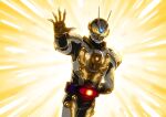  1boy abs armguards black_bodysuit bodysuit bug commentary driver_(kamen_rider) gold_armor highres kamen_rider kamen_rider_gazer kamen_rider_geats_(series) looking_at_viewer male_focus manly open_hand otokamu outstretched_hand rider_belt sunlight tokusatsu vambraces villain_pose vision_driver 