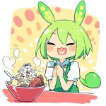  1girl :3 ayakashi_(monkeypanch) bangs blush bowl chopsticks closed_eyes collared_shirt food green_hair green_suspenders hair_between_eyes heart heart_in_mouth highres holding holding_chopsticks noodles open_mouth own_hands_together ramen shirt short_sleeves smile solo spoon suspenders voicevox white_shirt zundamon 