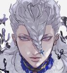  1boy black_clover braid braided_bangs commentary_request feathers grey_hair highres long_hair looking_at_viewer male_focus mercury_(element) nozel_silva parted_lips simple_background solo tdgypm white_background 