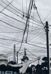  1girl absurdres bangs black_hair building clouds cloudy_sky highres long_sleeves original outdoors outstretched_arms power_lines scenery shirt short_hair sign sky solo transmission_tower tree uniunimikan utility_pole white_shirt 