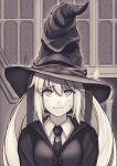  1girl absurdres artoria_caster_(fate) artoria_pendragon_(fate) bangs breasts candle closed_mouth collar commentary_request fate/grand_order fate_(series) greyscale hair_between_eyes hair_ribbon harry_potter_(series) hat highres hisato_nago hogwarts_school_uniform long_sleeves looking_up medium_breasts monochrome necktie ornament ribbon school_uniform simple_background solo sorting_hat twintails window witch_hat 