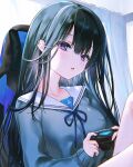  1girl black_hair blue_shirt chair character_request controller copyright_request game_controller highres holding holding_controller holding_game_controller long_hair looking_at_viewer nekoyashiki_pushio parted_lips sailor_collar shirt solo upper_body very_long_hair violet_eyes 