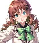 1girl bangs blush brown_hair commentary_request drill_hair emma_verde freckles future_parade_(love_live!) green_eyes hair_ornament long_hair looking_at_viewer love_live! love_live!_nijigasaki_high_school_idol_club musical_note musical_note_hair_ornament sidelocks smile solo tomo_wakui twin_drills twintails upper_body white_background 