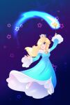  1girl absurdres arm_up blonde_hair blue_background blue_dress blue_eyes commission crown dress hair_over_one_eye high_heels highres long_sleeves looking_up mini_crown rosalina signature smile solo sparkle star_(sky) star_(symbol) super_mario_bros. super_mario_galaxy vergolophus wand white_footwear 