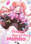  1girl ;d animal_ears bangs black_ribbon black_skirt blue_bow blush bow candy character_name denonbu food hair_ornament hairpin happy_birthday headband heart heart_lollipop highres holding holding_candy holding_food holding_lollipop hood hoodie lollipop long_hair long_sleeves looking_at_viewer met_tiger one_eye_closed open_mouth pink_eyes pink_hair pink_hoodie rabbit_ears rabbit_hair_ornament rabbit_tail ribbon sakurano_mimito shaped_lollipop skirt smile solo swirl_lollipop tail thigh-highs twintails very_long_hair white_thighhighs 