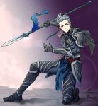  1boy armor armored_boots banner black_gloves boots closed_mouth fire_emblem fire_emblem_fates gloves green_eyes grey_hair holding holding_polearm holding_weapon light_smile loincloth looking_to_the_side oedo_nekosukiy polearm quiff silas_(fire_emblem) weapon 
