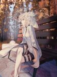 1girl a_zhendechibuxiale absurdres arknights autumn belt boots commentary_request crossed_legs day elite_ii_(arknights) forest highres leaf long_sleeves looking_afar nature orange_eyes outdoors profile ptilopsis_(arknights) sitting solo thigh_boots white_hair 