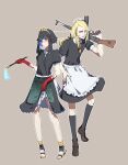  1boy 1girl alternate_costume anger_vein annoyed apron assault_rifle bangs black_dress black_footwear black_hair black_ribbon black_socks blonde_hair blue_hair brown_background clenched_teeth collared_dress colored_inner_hair commentary crossdressing dress english_commentary enmaided eyewear_hang eyewear_removed fate/grand_order fate_(series) frilled_apron frills full_body green_apron grey_eyes gun hair_ribbon high_heels highres holding holding_gun holding_weapon house_tag_denim huitzilopochtli_(fate) kneehighs loafers long_hair looking_at_viewer maid maid_headdress multicolored_hair orange-tinted_eyewear over_shoulder parted_lips print_apron ribbon rifle round_eyewear scowl shoes short_hair short_sleeves simple_background skirt_hold sleeve_cuffs socks standing standing_on_one_leg stg44 streaked_hair sunglasses teeth tezcatlipoca_(fate) tinted_eyewear triangle_print twitter_username two-tone_dress two-tone_footwear two-tone_hair waist_apron weapon weapon_over_shoulder white_apron yellow_footwear 