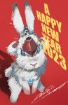 2023 animal_focus animalization blue_eyes chinese_zodiac english_text happy_new_year highres kurogane_no_linebarrel linebarrel no_humans rabbit red_background shimizu_eiichi shimoguchi_tomohiro signature year_of_the_rabbit 