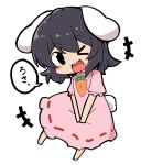  +++ 1girl alternate_eye_color animal_ears bangs barefoot black_eyes black_hair blush carrot_necklace chibi commentary_request dress floppy_ears frilled_sleeves frills full_body inaba_tewi jewelry looking_at_viewer necklace one_eye_closed ooyama_bokuchi open_mouth pink_dress rabbit_ears rabbit_girl rabbit_tail ribbon-trimmed_dress short_hair short_sleeves simple_background smile solo tail teeth touhou translation_request upper_teeth_only white_background 