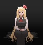  1girl absurdres aged_up alternate_hair_length alternate_hairstyle bangs black_skirt black_vest blonde_hair breasts collared_shirt english_commentary hair_ribbon highres large_breasts long_hair long_sleeves mata_(matasoup) necktie red_eyes red_necktie red_ribbon ribbon rumia sharp_teeth shirt skirt skirt_set solo teeth touhou vest white_shirt 