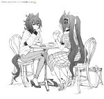  2girls absurdres agnes_tachyon_(umamusume) ahoge animal_ears blush bow bracelet chair closed_mouth crossed_legs cup daiwa_scarlet_(umamusume) dress earrings emoji food greyscale hair_bow high_heels highres holding holding_food horse_ears horse_girl horse_tail jacket jewelry long_hair long_sleeves looking_at_another medium_hair monochrome multiple_girls nayuta_ggg open_mouth pants saucer shirt short_sleeves single_earring sitting smile table tail tail_through_clothes teacup translation_request twintails umamusume 