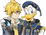  2boys :&lt; ahoge arm_around_shoulder bangs bird black_gloves blonde_hair blue_capelet blue_eyes blue_headwear blue_jacket capelet cioccolatodorima commentary crossover donald_duck duck english_commentary genshin_impact gloves hair_between_eyes hand_on_another&#039;s_shoulder hat highres hood hood_down jacket kingdom_hearts looking_at_viewer male_focus mika_(genshin_impact) multiple_boys necktie pocket shirt short_hair simple_background smile white_background white_shirt yellow_necktie zipper 