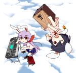  2girls animal_ears bangs barefoot black_hair black_socks bloomers blue_skirt blue_sky blush box brown_footwear carrot_necklace chibi clouds commentary_request donation_box dress floppy_ears flying full_body inaba_tewi instrument jewelry keyboard_(instrument) loafers looking_at_viewer multiple_girls necklace necktie open_mouth pink_dress pink_shirt purple_hair rabbit_ears rabbit_girl rabbit_tail red_eyes red_necktie reisen_udongein_inaba shirt shoes short_hair skirt sky socks stool tail torque touhou underwear upside-down white_bloomers 