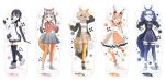  5girls animal_ears black_hair blazer blonde_hair blue_hair bow bowtie caracal_(kemono_friends) caracal_ears coyote_(kemono_friends) dire_wolf_(kemono_friends) elbow_gloves extra_ears fox_ears fox_girl fox_tail gloves grey_hair hat headphones highres humboldt_penguin_(kemono_friends) island_fox_(kemono_friends) jacket kemono_friends kemono_friends_v_project long_hair looking_at_viewer microphone multiple_girls necktie official_art one_eye_closed orange_hair pantyhose penguin_girl ribbon shirt short_hair simple_background skirt sleeveless sleeveless_shirt socks tail thigh-highs twintails virtual_youtuber wolf_ears wolf_girl wolf_tail 