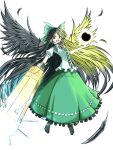  1girl arm_cannon bangs bird_wings black_hair black_sun black_wings bow center_frills collared_shirt commentary_request control_rod feathers flat_chest frilled_shirt_collar frilled_skirt frills full_body garakuta green_bow green_skirt hair_bow long_hair looking_at_viewer open_mouth puffy_short_sleeves puffy_sleeves red_eyes reiuji_utsuho shirt short_sleeves simple_background skirt smile solo sun third_eye touhou very_long_hair weapon white_background white_shirt wings 