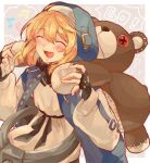 1girl akeyume black_gloves blonde_hair bridget_(guilty_gear) closed_eyes cuffs fingerless_gloves gloves guilty_gear guilty_gear_strive habit handcuffs hood hood_up hooded_jacket jacket long_sleeves puffy_long_sleeves puffy_sleeves roger_(guilty_gear) stuffed_animal stuffed_toy teddy_bear transgender