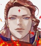  1boy black_clover commentary_request crystal_earrings earrings facial_mark fire forehead_mark fuegoleon_vermillion highres jewelry looking_at_viewer male_focus orange_hair portrait red_eyeliner simple_background smile solo tdgypm violet_eyes white_background 