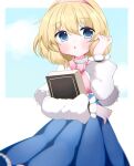  1girl alice_margatroid blonde_hair blue_eyes blue_skirt blue_sky blush book hairband highres holding holding_book long_sleeves looking_at_viewer red_hairband short_hair skirt sky solo touhou user_xsf2190 