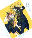  +_- 1boy 1girl ascot bass_clef blazer blonde_hair blue_eyes blue_jacket blue_pants blue_shorts bow bowtie commentary_request controller famicom famicom_gamepad game_console green_bow green_bowtie grin hazime holographic_clothing jacket kagamine_len kagamine_rin looking_at_viewer multicolored_hair necktie neon_trim open_clothes open_jacket pants receiver_(module) remote_control rimocon_(vocaloid) short_hair shorts sleeveless sleeveless_jacket smile streaked_hair symbol-shaped_pupils tongue tongue_out transmitter_(module) vocaloid zipper 