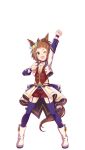  1girl ;d animal_ears arm_up biko_pegasus_(umamusume) blue_eyes boots brown_hair clenched_hand full_body highres horse_ears horse_girl horse_tail jacket looking_at_viewer official_art one_eye_closed purple_thighhighs red_shorts short_hair shorts simple_background smile solo starting_future_(umamusume) tail thigh-highs thigh_strap transparent_background umamusume white_footwear white_jacket 
