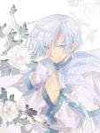 1boy akatsuki_no_yona bishounen blue_eyes closed_mouth commentary_request facing_viewer flower gimmick-asahi kija_(akatsuki_no_yona) korean_clothes long_sleeves looking_to_the_side male_focus short_hair smile solo white_background white_flower white_hair 