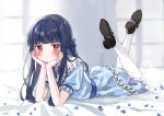  1girl :o bangs bed_sheet black_footwear blue_dress blue_flower blue_hair blue_ribbon blue_rose blunt_bangs blunt_ends blush brooch dark_blue_hair dress eluthel feet_up flower full_body half_updo hands_on_own_cheeks hands_on_own_face head_rest idolmaster idolmaster_cinderella_girls indoors jewelry long_hair looking_at_viewer lying neck_ribbon on_stomach pantyhose petals petticoat plaid plaid_dress puffy_short_sleeves puffy_sleeves red_eyes ribbon rose rose_petals sajo_yukimi short_sleeves solo very_long_hair white_pantyhose 