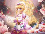  1girl absurdres apron bangs big_hair blonde_hair blueberry blunt_bangs bottle bridal_gauntlets cake closed_mouth clothing_cutout commentary commission cup cure_finale day delicious_party_precure dessert dress drinking_glass english_commentary flower food fruit gloves hair_ornament hando_2020 heart heart_hair_ornament highres holding holding_cup kasai_amane lens_flare light_particles long_hair long_sleeves looking_at_viewer magical_girl medium_dress outdoors petals pink_flower pink_rose plate precure purple_dress purple_headwear rainbow reaching_towards_viewer rose shoulder_cutout sidelocks smile solo sparkle standing strawberry strawberry_cake sunlight table tiara violet_eyes waist_apron white_gloves wine_bottle wine_glass 