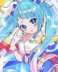  1girl bangs blue_eyes blue_hair bow cape cure_sky detached_sleeves earrings fingerless_gloves gloves hair_ornament hand_on_hip highres hirogaru_sky!_precure jewelry long_hair looking_at_viewer magical_girl multicolored_hair open_mouth pink_hair precure single_sidelock smile solo sora_harewataru twintails v very_long_hair wasure_(ponmg402) white_gloves wing_hair_ornament 