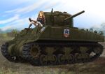  1girl black_footwear black_shirt blonde_hair blue_eyes blue_shorts blue_sky boots brown_jacket clouds cloudy_sky commentary crossed_legs day denim denim_shorts emblem girls_und_panzer grass ground_vehicle highres jacket kay_(girls_und_panzer) long_hair long_sleeves looking_at_viewer m4_sherman military military_uniform military_vehicle motor_vehicle on_vehicle open_clothes open_jacket open_mouth outdoors saunders_(emblem) saunders_military_uniform shirt short_shorts shorts sitting sky smile solo star_(symbol) tank thigh-highs tigern_(tigern28502735) uniform vehicle_focus white_thighhighs zipper 