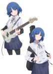  1girl absurdres bass_guitar black_pantyhose black_shirt blue_hair blue_skirt bocchi_the_rock! breasts cable closed_mouth collared_shirt eito12 fender_precision_bass guitar guitar_case hair_ornament hairclip highres holding holding_instrument instrument instrument_case long_sleeves looking_at_viewer mole mole_under_eye multiple_views neck_ribbon open_mouth pantyhose pleated_skirt ribbon shirt short_hair short_sleeves sidelocks simple_background skirt small_breasts white_background white_shirt yamada_ryou yellow_eyes 