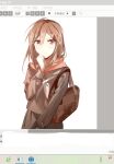  1girl arrow_(symbol) bag brown_bag brown_eyes brown_hair brown_sailor_collar brown_serafuku brown_skirt chinese_commentary chinese_text clenched_hand closed_mouth commentary cowboy_shot enpera hair_between_eyes hair_ornament hairclip icon_(computing) kagerou_project long_sleeves looking_at_viewer mekakucity_actors mixed-language_commentary neckerchief no_nose pleated_skirt red_scarf sailor_collar scarf school_bag school_uniform screenshot serafuku simple_background simplified_chinese_text sketch skirt sleeve_cuffs solo tateyama_ayano tohikou_(user_yolenka) translation_request unfinished upper_body user_interface white_background white_neckerchief 