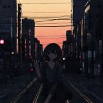  1girl absurdres bangs black_eyes black_hair black_skirt building city city_lights evening highres looking_at_viewer original outdoors power_lines shirt short_hair skirt sky solo suspender_skirt suspenders twilight uniunimikan v 