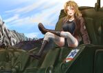  1girl black_footwear black_shirt blonde_hair blue_eyes blue_shorts blue_sky boots brown_jacket clouds cloudy_sky commentary crossed_legs day denim denim_shorts emblem girls_und_panzer ground_vehicle highres jacket kay_(girls_und_panzer) long_hair long_sleeves looking_at_viewer m4_sherman military military_uniform military_vehicle motor_vehicle mountainous_horizon on_vehicle open_clothes open_jacket open_mouth outdoors saunders_(emblem) saunders_military_uniform shirt short_shorts shorts sitting sky smile solo star_(symbol) tank thigh-highs tigern_(tigern28502735) uniform white_thighhighs zipper 