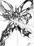  commentary cybuster english_commentary greyscale highres holding holding_sword holding_weapon ink_(medium) looking_at_viewer mecha monochrome no_humans open_hand pillar_buster robot science_fiction sketch solo super_robot_wars super_robot_wars_original_generation sword traditional_media weapon white_background 