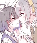 2girls 6_(yuchae) ahoge bangs black_hair blue_hair blush bow bronya_zaychik bronya_zaychik_(wolf&#039;s_dawn) closed_eyes closed_mouth collared_shirt commentary_request drill_hair facing_another grey_hair hair_between_eyes hair_bow hand_on_another&#039;s_face honkai_(series) honkai_impact_3rd korean_commentary looking_at_another multicolored_hair multiple_girls profile seele_vollerei seele_vollerei_(swallowtail_phantasm) shirt smile steam sweater_vest twin_drills two-tone_hair white_shirt yellow_bow yuri