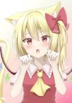  1girl :o absurdres animal_ear_fluff animal_ears bangs bat_wings blonde_hair blush bow cat_ears cat_tail collar collarbone commentary crystal eyelashes fang flandre_scarlet frilled_collar frills gradient_background hair_between_eyes hair_bow hands_up highres looking_at_viewer medium_hair neckerchief paw_pose pink_background puffy_short_sleeves puffy_sleeves red_bow red_eyes shirt short_sleeves side_ponytail simple_background solo szl tail touhou upper_body white_background white_shirt wing_collar wings yellow_fur yellow_neckerchief 