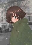  1girl absurdres akiyama_yukari bangs blurry blurry_background breath brown_eyes brown_hair commentary day depth_of_field drawstring girls_und_panzer green_jacket highres hood hood_down hooded_jacket jacket long_sleeves looking_at_viewer maikaooba messy_hair outdoors parted_lips short_hair snowing solo upper_body 