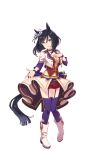  1girl animal_ears black_hair blue_eyes bob_cut breasts ear_scrunchie eishin_flash_(umamusume) hand_on_own_chest highres horse_ears horse_girl horse_tail jacket large_breasts long_sleeves looking_at_viewer midriff navel official_art purple_thighhighs red_shorts scrunchie short_hair shorts simple_background smile solo starting_future_(umamusume) tail thigh-highs transparent_background umamusume white_jacket white_scrunchie 
