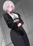  1girl absurdres belt black_belt black_gloves black_jacket black_pants black_suit blush breasts chinese_commentary closed_eyes closed_mouth collared_shirt cowboy_shot dutch_angle formal gloves grey_hair highres jacket liv_(punishing:_gray_raven) mechanical_arms medium_breasts multicolored_hair pants punishing:_gray_raven purple_hair shirt shirt_tucked_in short_hair single_mechanical_arm smile solo standing suit tiankong_pie_ai two-tone_hair underbust white_shirt wing_collar 
