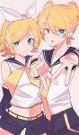  1boy 1girl :3 :o ahoge bangs bare_shoulders black_shorts black_sleeves blonde_hair bow breasts brother_and_sister commentary crop_top detached_sleeves green_eyes gyaru_v hair_bow hair_ornament hairclip headphones headset highres kagamine_len kagamine_rin looking_at_viewer midriff navel neckerchief necktie sailor_collar shirt short_ponytail short_sleeves shorts shouto_suzuki siblings side-by-side sleeveless sleeveless_shirt small_breasts smile swept_bangs twins v vocaloid white_bow yellow_neckerchief yellow_necktie 