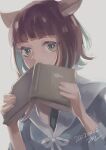  1girl absurdres animal_ears anyway_osushi book brown_hair cat_ears dated green_eyes grey_hair highres holding holding_book looking_at_viewer medium_hair multicolored_hair original simple_background solo upper_body 