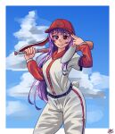  1girl absurdres alternate_costume animal_ears bangs baseball_bat baseball_cap baseball_uniform belt blue_sky closed_mouth clouds commission cowboy_shot dated english_commentary hat highres hippppodraw holding holding_baseball_bat long_hair long_sleeves outdoors pants purple_hair rabbit_ears rabbit_girl rabbit_tail red_eyes red_headwear reisen_udongein_inaba shirt signature sky smile solo sportswear standing tail touhou white_pants white_shirt 