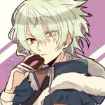  1boy 2019 albino blue_jacket collar_x_malice dated doughnut eating food fur-trimmed_jacket fur_trim hokka_hokka jacket long_sleeves looking_at_viewer male_focus messy_hair multicolored_background purple_background red_eyes sasazuka_takeru short_hair solo white_background white_hair 