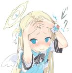  1girl @_@ apron bangs black_bow black_bowtie blonde_hair blue_apron blue_archive blue_eyes blue_ribbon blush bow bowtie collared_shirt commentary hair_ribbon halo hands_on_own_head highres id_card long_hair looking_at_viewer mini_wings nimura_yuuji parted_bangs parted_lips ribbon scrunchie shirt short_sleeves simple_background sketch solo sora_(blue_archive) striped striped_bow striped_bowtie sweat trembling two_side_up upper_body wavy_mouth white_background white_shirt white_wings wings wrist_scrunchie 