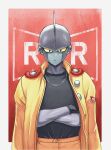  1boy absurdres black_eyes black_shirt colored_skin commentary crossed_arms dragon_ball dragon_ball_super dragon_ball_super_super_hero english_commentary gamma_1 grey_skin highres jacket jacket_on_shoulders jenxd_d jewelry male_focus necklace red_ribbon_army shirt signature solo upper_body 