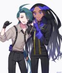  2girls ahoge bangs black_gloves black_hair black_jacket black_necktie black_pants blue_eyes botamochi_(exwelder) breasts bright_pupils collared_shirt commentary dark-skinned_female dark_skin earrings elbow_on_another&#039;s_shoulder eyelashes flat_chest formal geeta_(pokemon) gloves green_hair grey_shirt hand_on_another&#039;s_hip highres jacket jewelry long_hair long_sleeves looking_at_viewer multicolored_hair multiple_girls neck_ribbon necktie pants pokemon pokemon_(game) pokemon_sv ponytail red_eyes ribbon rika_(pokemon) shirt small_breasts suspenders thick_eyebrows very_long_hair white_pupils yellow_ribbon 