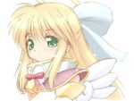  1girl angel_wings aqua_eyes avatar_(eco) bangs bell blonde_hair blue_bow bow commentary_request emil_chronicle_online hair_between_eyes hair_bow half_updo halo mini_wings neck_bell red_ribbon ribbon shinjou_satomi sidelocks simple_background solo titania_(eco) upper_body white_background white_wings wings 