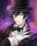  1boy black_bow black_bowtie black_headwear blue_eyes blurry bokeh bow bowtie commentary depth_of_field dress_shirt gloves grin hair_between_eyes hand_on_own_chest hat highres ichinose_tokiya jacket lapels looking_at_viewer male_focus official_alternate_costume parted_lips purple_background purple_hair purple_jacket shawl_lapels shirt short_hair sideways_glance sleeve_cuffs smile solo star_(symbol) star_print top_hat upper_body uta_no_prince-sama vest white_gloves white_shirt yellow_vest zaichuu 